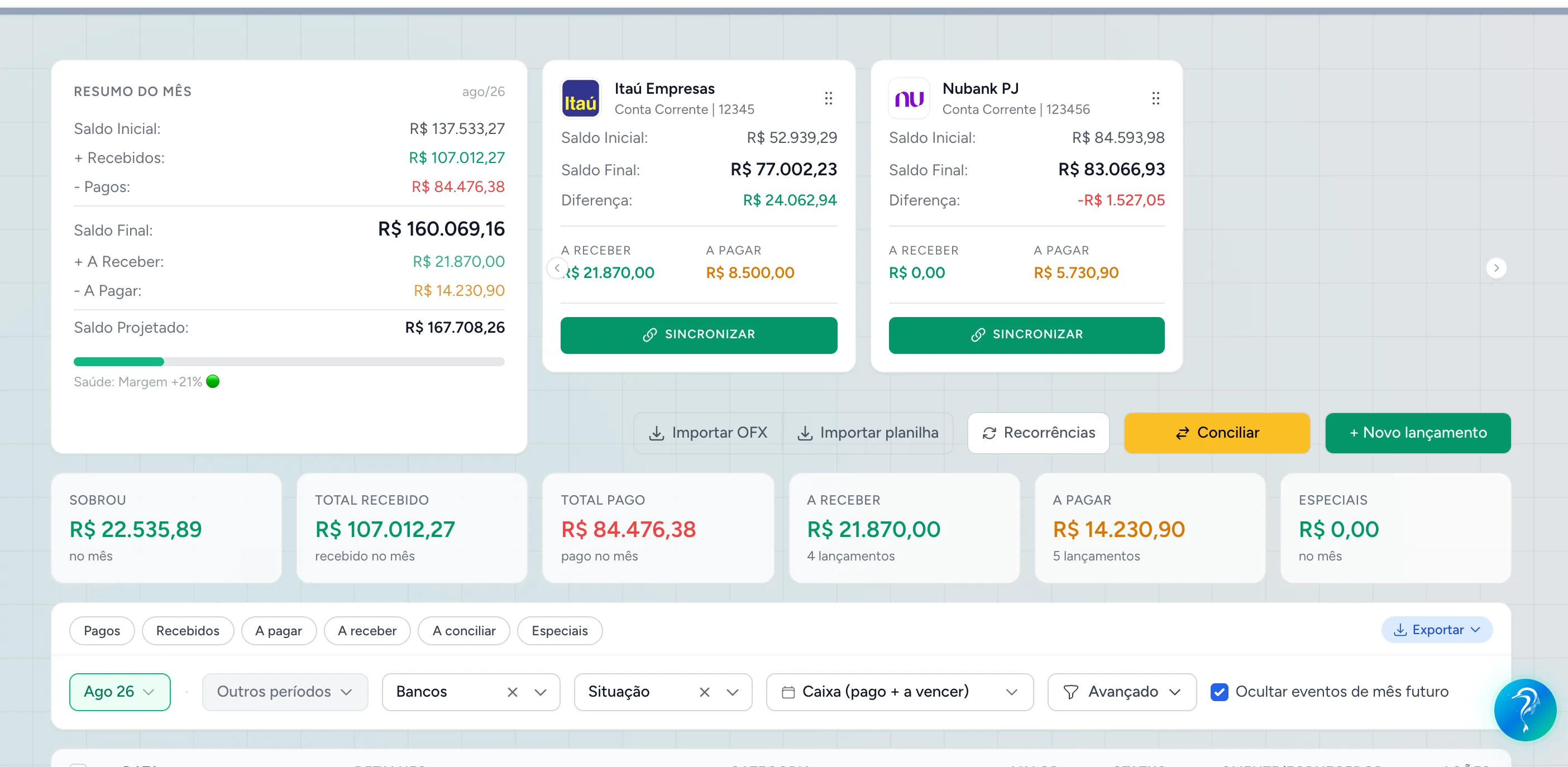 Tela de lançamentos da Cashtrack, com contas conectadas e resumo do mês